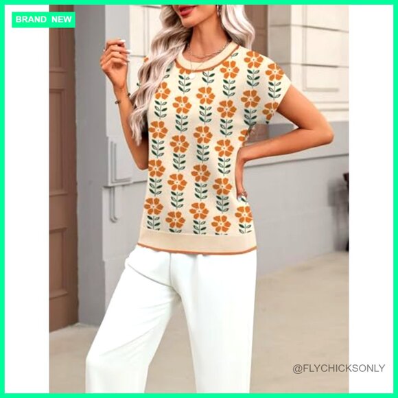 Summer Cap Sleeve Pullover Sweater, Viscose Crew Neck Blouse, Business Casual - Picture 3 of 7